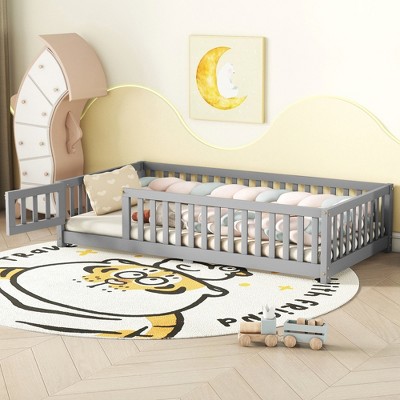 ALEXOUN Kids Floor Bed with Fences and Door,Floor Bed with Safety Guardrails and Support Slats,Wooden Kids Platform Bed Frame,Natural Color