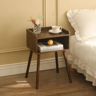 Nightstand, Mid Century Modern Side Table Bedroom with Storage, Small End Bedside Table with Solid Wood Legs