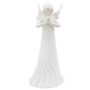AuldHome Design White Ceramic Praying Angel Figurine; Standing Guardian Angel Statue 9in