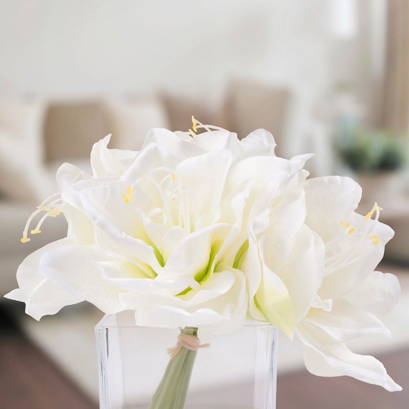 Lilies Floral Centerpiece - Five Cream-Colored Lily Blossoms in a Clear Glass Bowl with Fake Water - Artificial Flowers in Vase by Pure Garden (Cream), 5 of 6