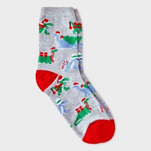 Women's Christmas Dinosaur Crew Socks - Wondershop™ Gray/Red 4-10 - 1 of 3