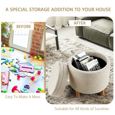 Beige Round Storage Ottoman with Tray and Wood Legs