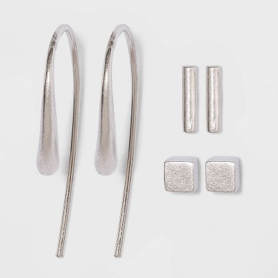 Sterling Silver Cube Stud and Bar Threader Earring Set 3pc - Universal Thread™ Silver