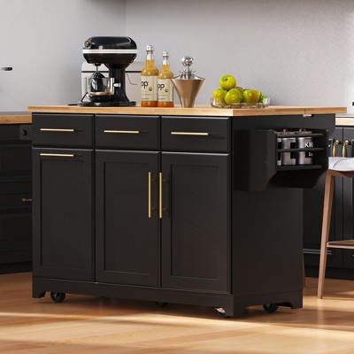 Okak Kitchen Island with Rubber Wood Drop Leaf, Kitchen Island On Wheels with Trash Can Storage and Power Outlet, Kitchen Cart for Dining Room