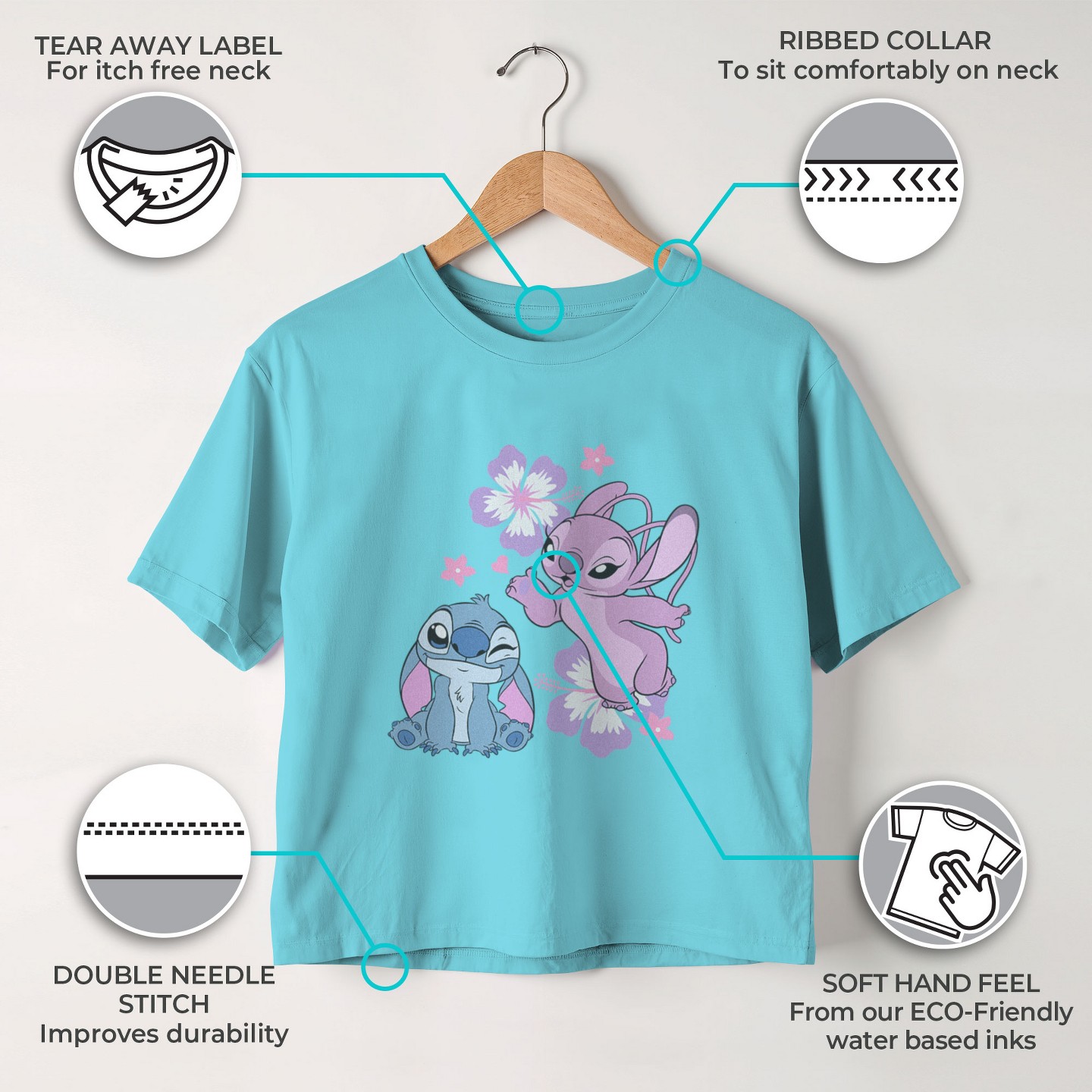Футболка Lilo & Stitch Angel Kisses and Flowers Graphic Graphic Cropped T-Shirt - Blue для девочек, цвет: Синий — фото 3