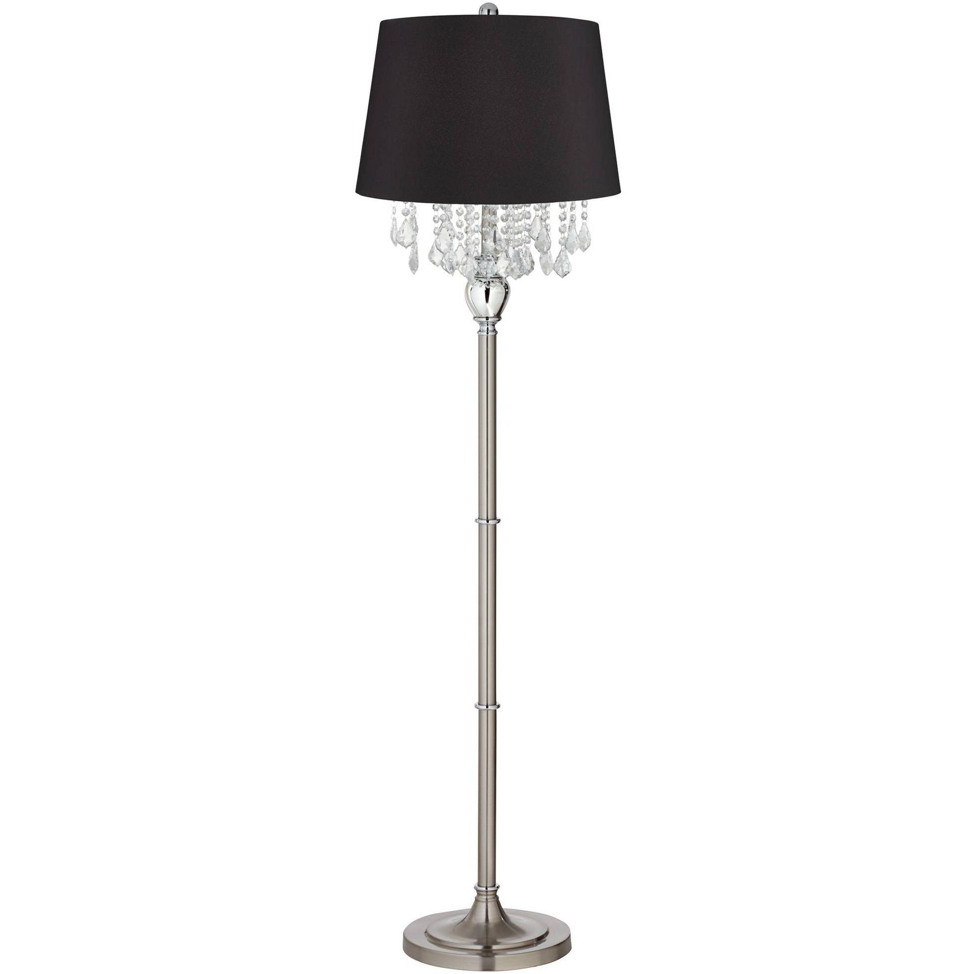 360 Lighting Crystals Traditional 60 1/2" Tall Standing Floor Lamp Foot Switch Silver Metal Satin Steel Finish Living Room Bedroom Drum Black Shade