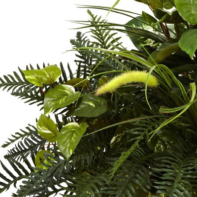 Green Plastic Fern and Grass Arrangement in Iron Planter