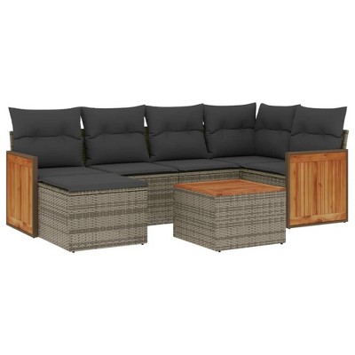 vidaXL 6 Piece Patio Sofa Set with Cushions Gray Poly Rattan - Gray With Table