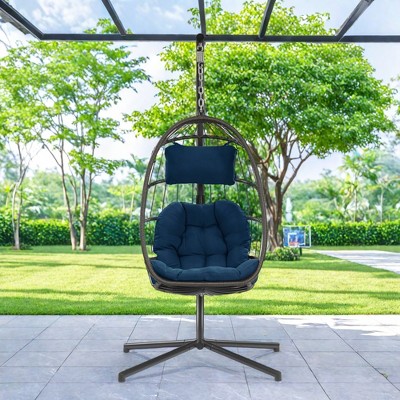 FURNIinspire Patio Swings Outdoor Indoor Outdoor Wicker Hanging Chair Swing Chair Egg Chair, Patio Swing With Dark Blue Cushion, Gray, 36“*36"*77"