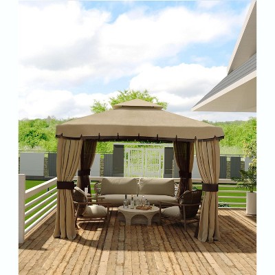 Khaki 10x10FT Outdoor Gazebo with Double Roof and Curtains