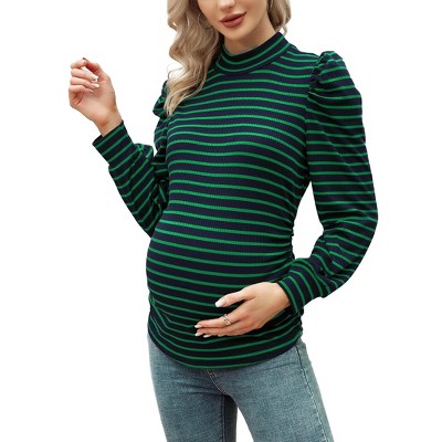 High Neck Puff Sleeve Ribbed Pleated Maternity Striped Top