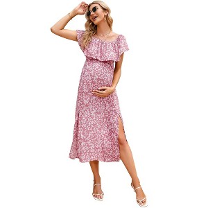 Maternity Dress for Women Summer Off Shoulder Floral Short Sleeve Midi Maternity Dress Ruffled Dress with Thigh Slit - 1 of 4
