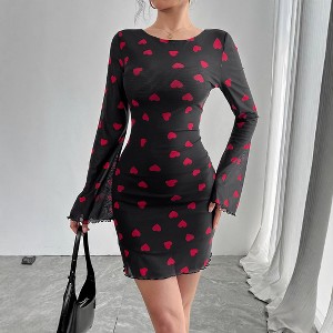 Coolmee Women's Mesh Bodycon Mini Dress Backless Tie Back Long Bell Sleeve  Crewneck Heart Print Clubwear Party Short Dresses 2XL Black : Target