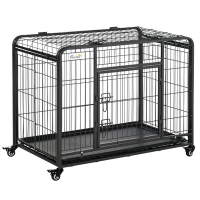 Heavy Duty Black Metal Folding Dog Crate with Wheels