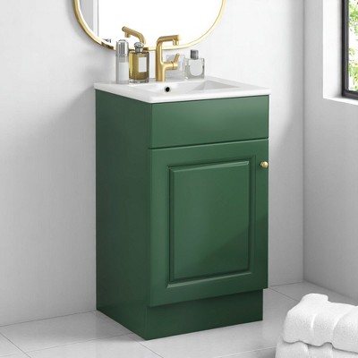Mshliw 18 Inch Bathroom Vanity with Sink, Compact Freestanding Cabinet with Soft Close Door and Adjustable Shelf, Ceramic Top