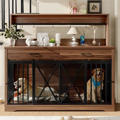 55" Wooden Dog Crate Furniture for 2 Dogs,Indoor Dog Kennel with Divider,Drawers and Barn Doors,Dog Crate TV Stand–Maison Boucle