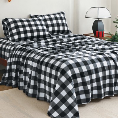 Queen Black and White Buffalo Plaid Fleece Sheet Set