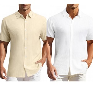 INSPIRE CHIC Men's Summer Point Collar Short Sleeves Button Down Linen Shirts 2 Packs - 1 of 4