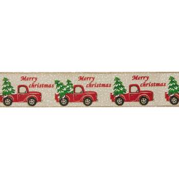 Northlight Green and Red Vintage Trucks with Christmas Trees Wired Craft Ribbon 2.5" x 16 Yards