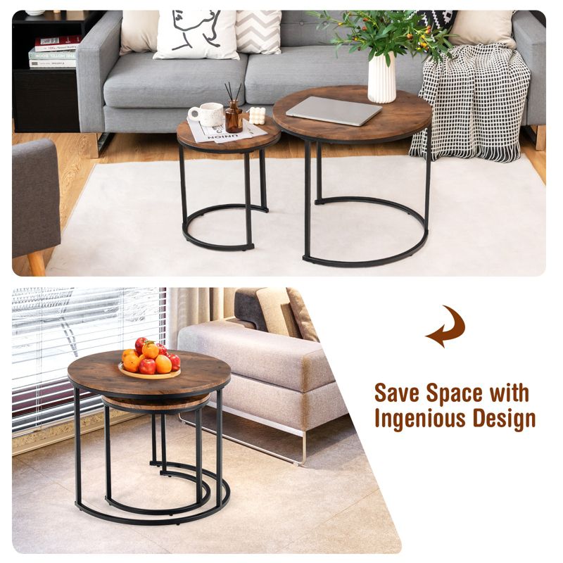 Tangkula 2PCS Stacking Metal Legs Modern Side Round Nesting Coffee Table w/ Wooden Tabletop for Living room Rustic Brown/Brown, 3 of 9