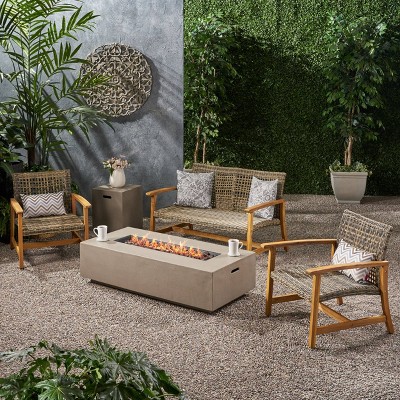 Augusta 5pc Wood & Wicker Chat Set with Fire Pit - Natural/Gray/Light Gray - Christopher Knight Home