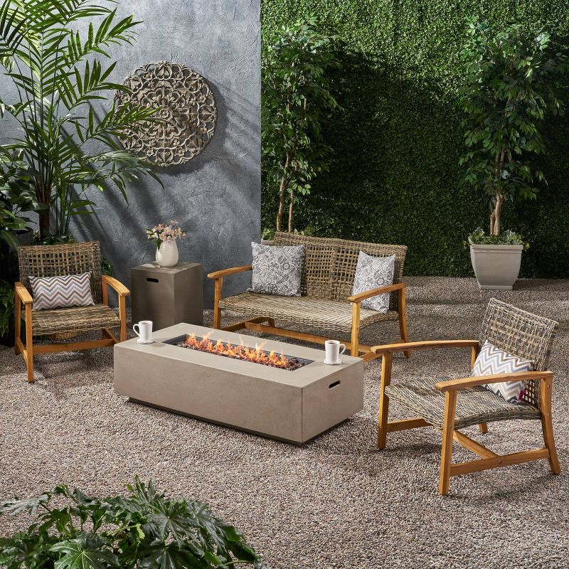 Augusta 5pc Wood &#38; Wicker Chat Set with Fire Pit - Natural/Gray/Light Gray - Christopher Knight Home, 1 of 12