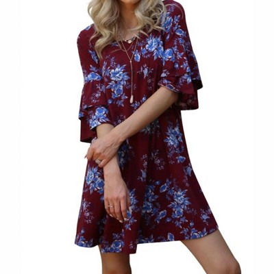 Women's Floral Double Ruffle Sleeve Dress - ANGIE