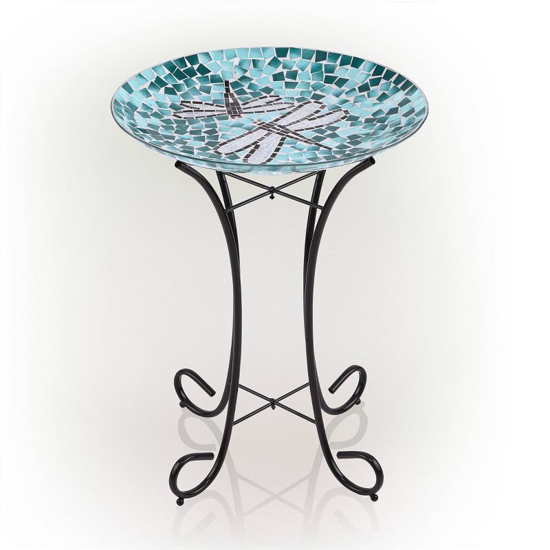 23&#34; Outdoor Mosaic Dragonfly Glass Birdbath Bowl with Metal Stand Turquoise Green - Alpine Corporation, 6 of 9