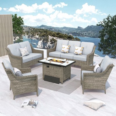 XIZZI 5 Pieces Furniture Set with Fire Pit Table, All Weather PE Conversation Set with 3 Seater Sofa, Loveseat and High Back Rattan Chairs