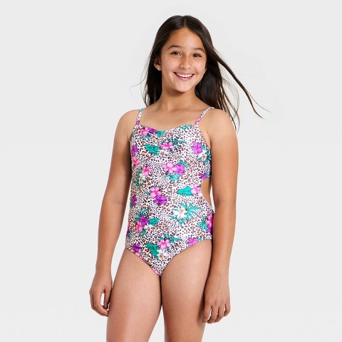 Art Class Girls' Leopard Hibiscus One Piece Swimsuit - art class™ Cream/Pink/Brown L