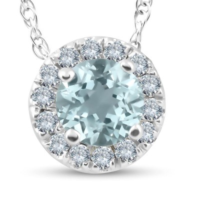 Pompeii3 3/4ct Round Diamond & Aquamarine Halo Solitaire Pendant Necklace 14k White Gold