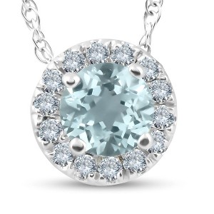 Pompeii3 3/4ct Round Diamond & Aquamarine Halo Solitaire Pendant Necklace 14k White Gold - 1 of 4