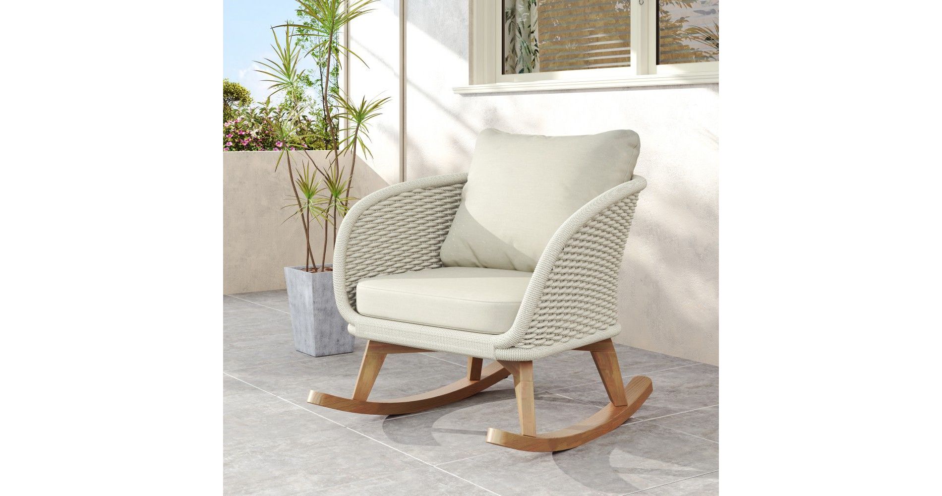 TUYOHW Wicker Rocking Chair,PE Rattan Patio  Accent Chair with Cushions for Backyard Garden Poolside,Beige