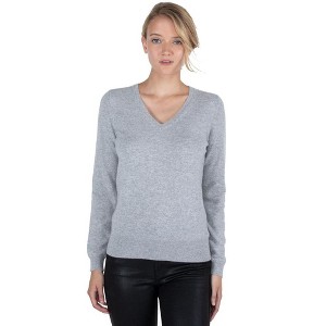 JENNIE LIU Women's 100% Pure Cashmere Long Sleeve Pullover V Neck Sweater - 1 of 3
