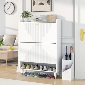 TIRAMISUBEST White Shoe Cabinet with 2 Flip Drawers - Narrow Freestanding Shoe Storage Organizer for Entryway & Hallway - 1 of 4