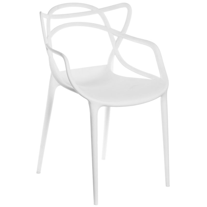 Fabulaxe Mid-Century Modern Style Stackable Plastic Molded Arm Chair with Entangled Open Back, White, 1 of 10
