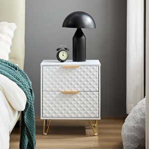 White Nightstand,Luxury Carving Board 2-Drawer Night Stand Bed Side Table with Metal Leg - 1 of 4