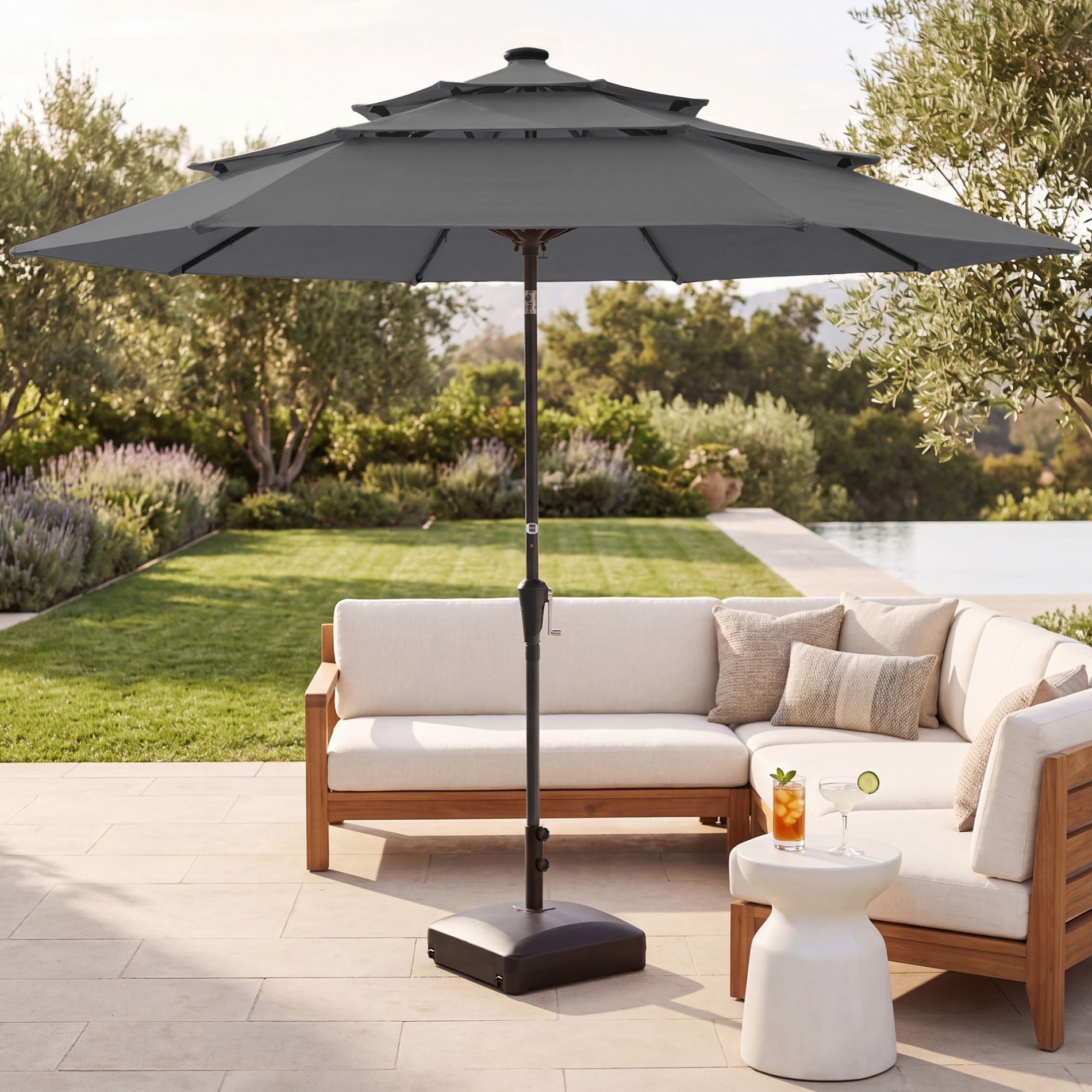 Best Choice Products 10ft 3-Tier Patio Umbrella – Solar LED or Standard, Woodgrain or Classic, w/ Tilt Adjustment & Easy Crank