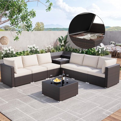 Garvee 8 Pieces Outdoor Patio Furniture Set with Storage, 4 Inch Cushions Outdoor Wicker Rattan Patio Furniture Sectional Set with Glass Table, Brown