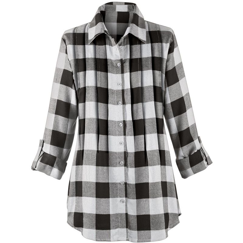 Collections Etc Buffalo Plaid Design Pintuck Tunic Top with Roll-Tab Sleeves and Button Front, 3 of 5