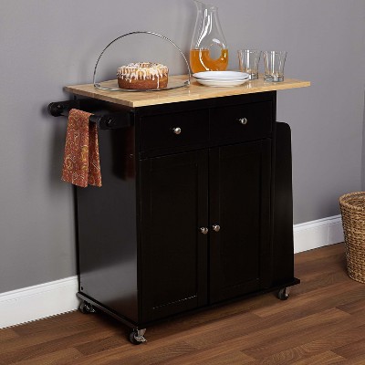 Black and Natural Wood Kitchen Cart with Storage and Wheels