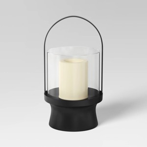 Modern Metal and Glass Battery LED Pillar Candle Outdoor Lantern Black - Threshold™ - 1 of 4