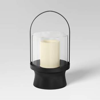 Modern Metal and Glass Battery LED Pillar Candle Outdoor Lantern Black - Threshold™