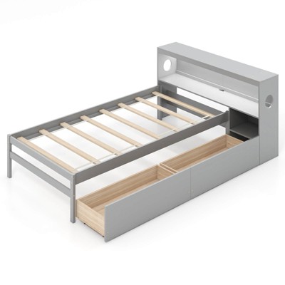 Infans Twin Size Bed Frame with LED Light & Power Outlet Bookcase Headboard Drawers