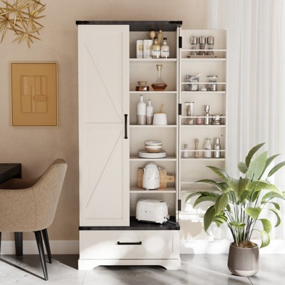 SinCiDo 72" Farmhouse Storage Cabinet, Kitchen Storage Upright Cabinet, w/ 2 Barn Doors & Adjustable Shelves, a Drawers,Multi Functional Large Cabinet