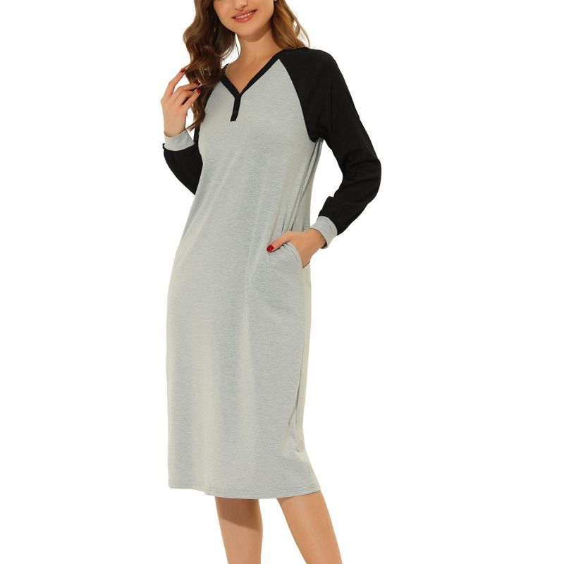 cheibear Women's Long Sleeves with Side Pockets Pajama Dress, 1 of 6