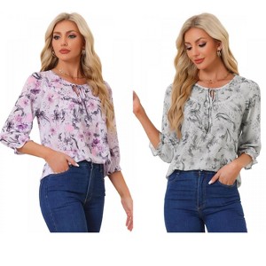 INSPIRE CHIC Women's Floral Bow Tie Neck Vintage 3/4 Sleeve Blouse 2 Packs - 1 of 4