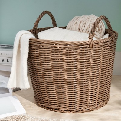 16" x 16" x 14.5" Round Cone Woven Resin Wicker Basket with Handles For Clothes Towels Canvas Toys Magazine Storage