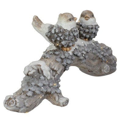 Rustic Gray Ceramic Birds on Snowy Log Holiday Decoration