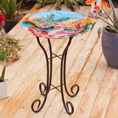 Flamingo Sunset Glass Bird Bath with Metal Stand